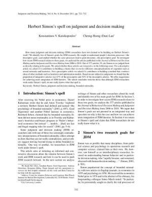 Herbert Simon's Spell on Judgment and Decision Making