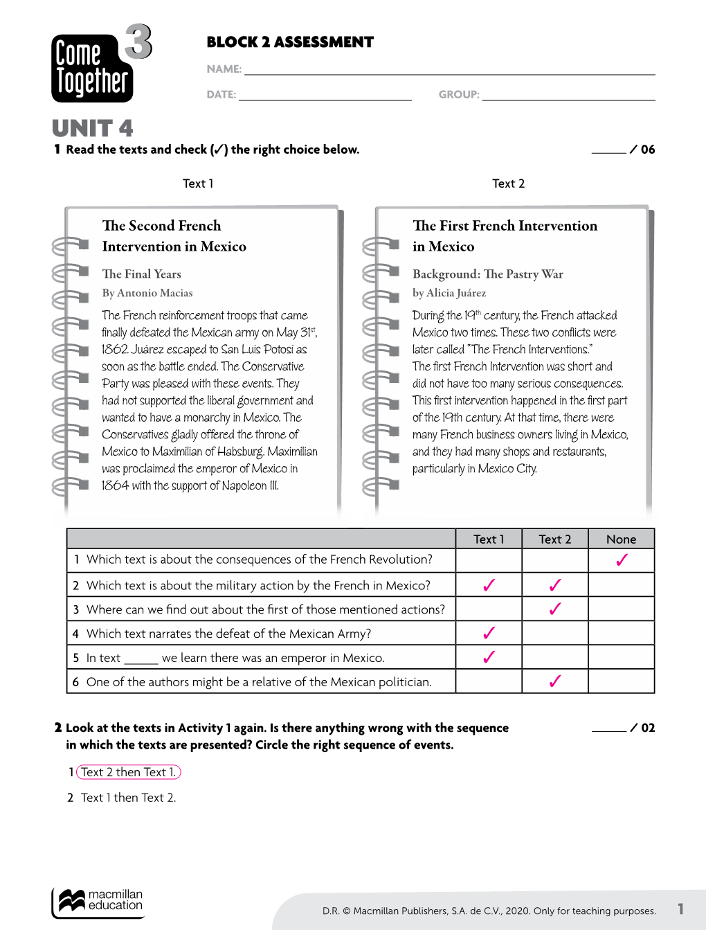 UNIT 4 1 Read the Texts and Check (3) the Right Choice Below