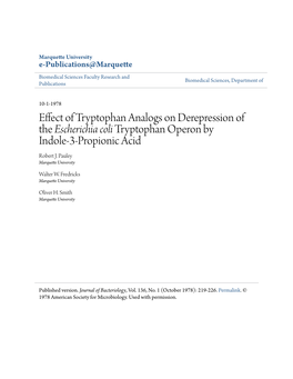 Effect of Tryptophan Analogs on Derepression of the Escherichia Coli Tryptophan Operon by Indole-3-Propionic Acid Robert J