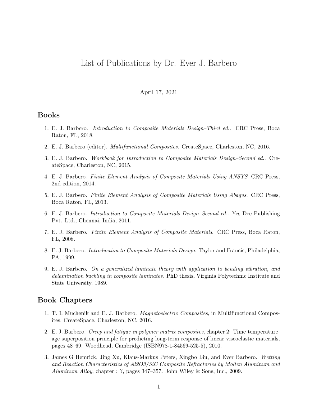 List of Publications by Dr. Ever J. Barbero