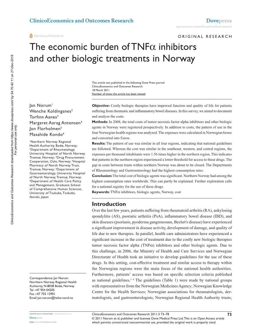 The Economic Burden of Tnfα Inhibitors and Other Biologic Treatments in Norway