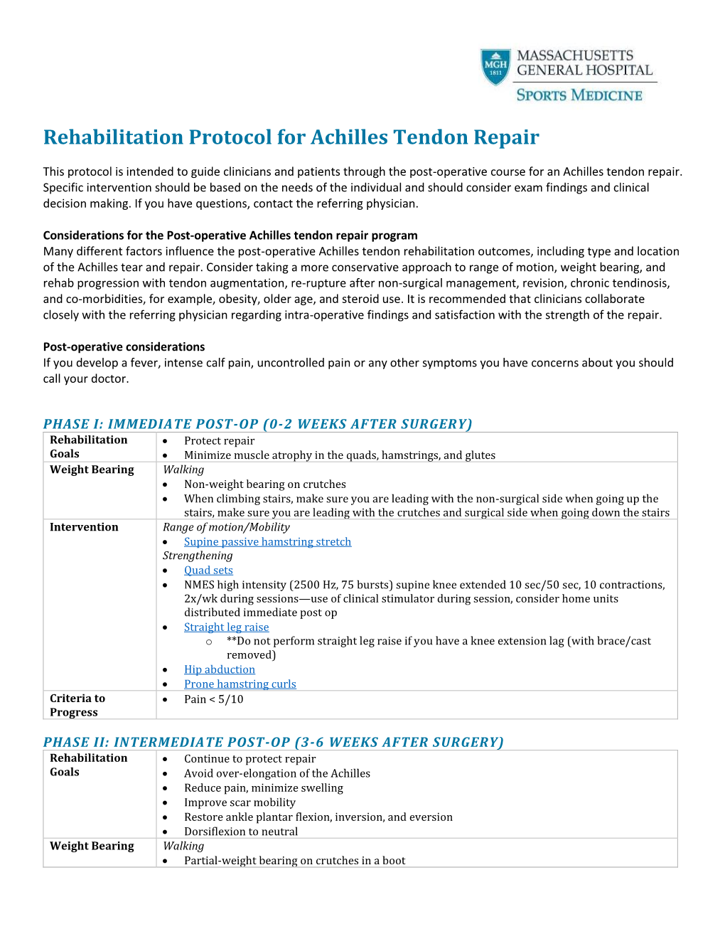 Rehabilitation Protocol for Achilles Tendon Repair