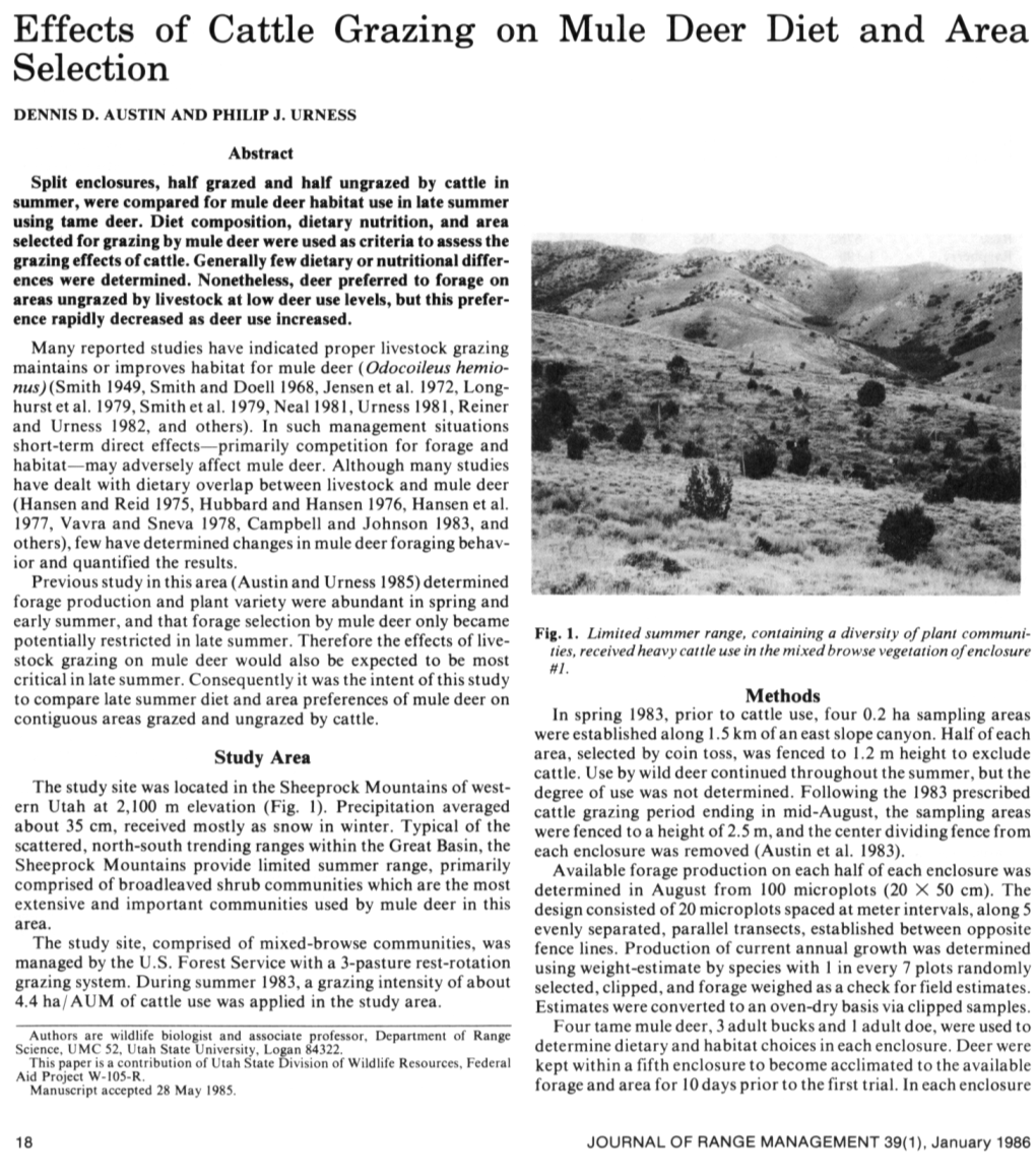 Effects of Cattle Grazing on Mule Deer Diet and Area Selection