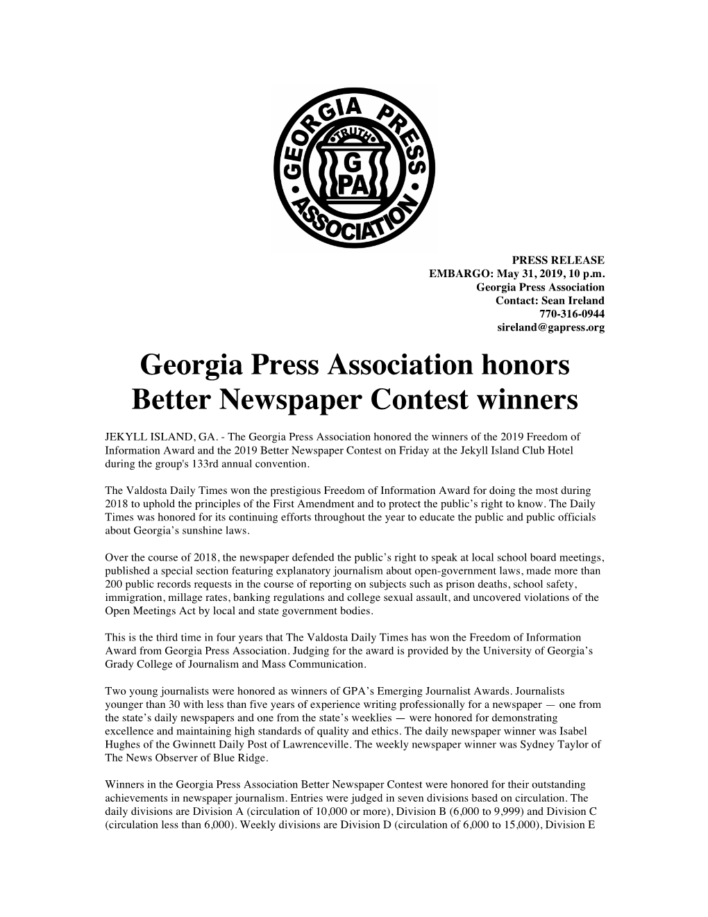 Georgia Press Association Honors Better Newspaper Contest Winners