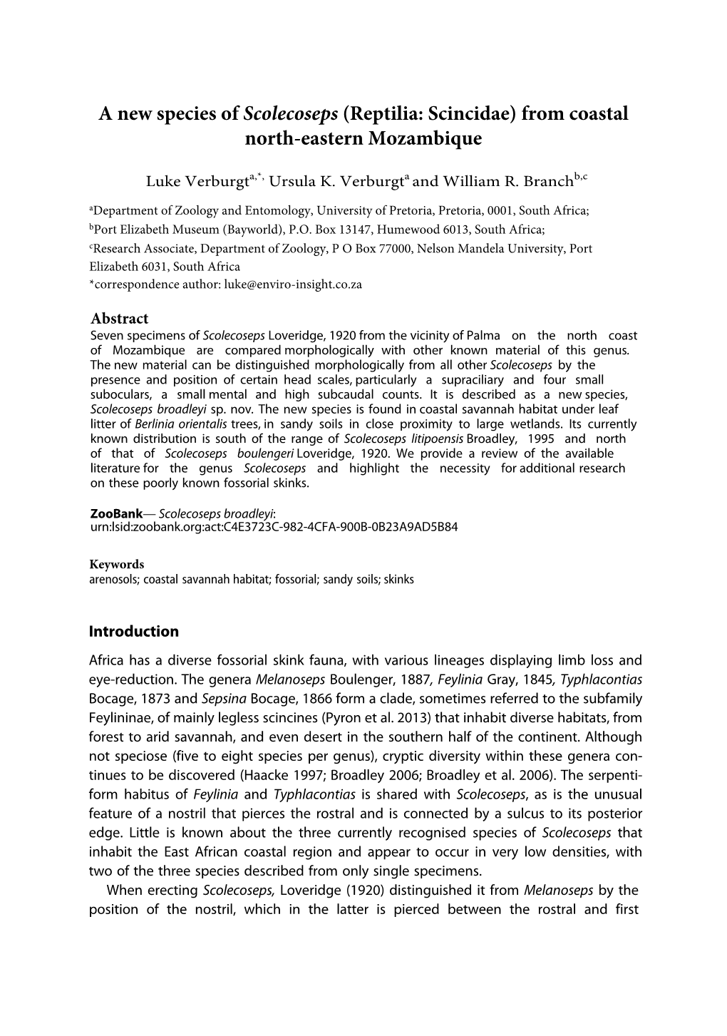 A New Species of Scolecoseps (Reptilia: Scincidae) from Coastal North-Eastern Mozambique