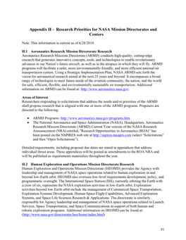 Research Priorities for NASA Mission Directorates and Centers