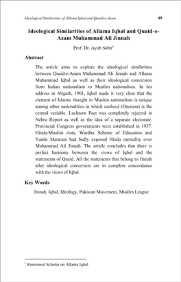 Ideological Similarities of Allama Iqbal and Quaid-E- Azam Muhammad Ali Jinnah