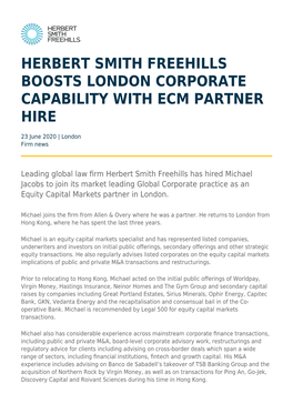 Herbert Smith Freehills Boosts London Corporate Capability with Ecm Partner Hire