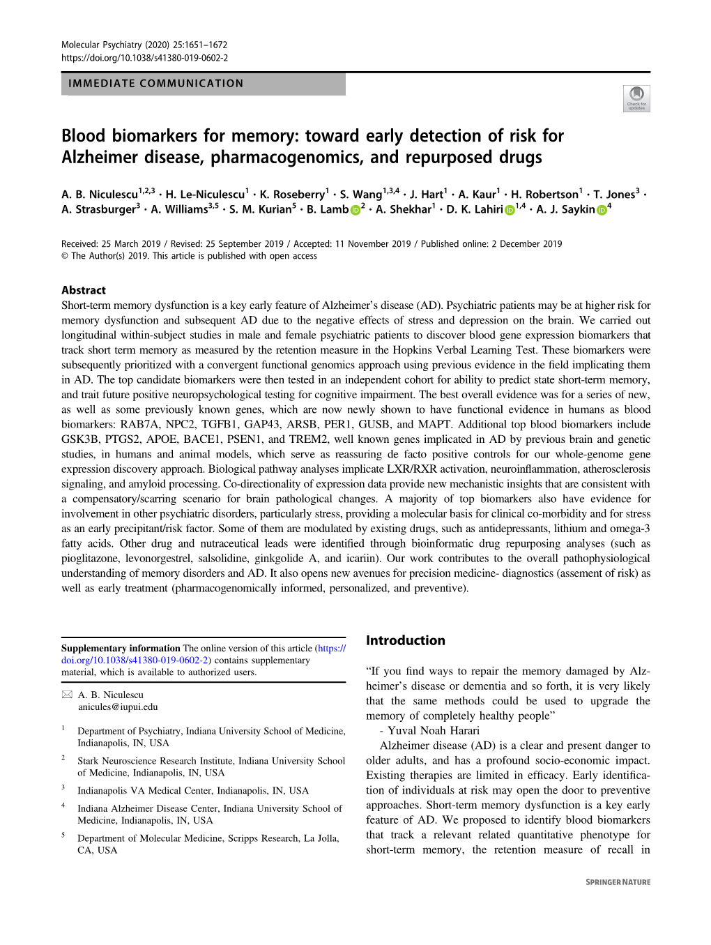 Blood Biomarkers for Memory: Toward Early Detection of Risk for Alzheimer Disease, Pharmacogenomics, and Repurposed Drugs