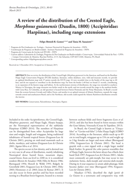 A Review of the Distribution of the Crested Eagle, Morphnus Guianensis (Daudin, 1800) (Accipitridae: Harpiinae), Including Range Extensions
