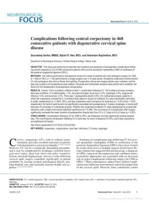 Complications Following Central Corpectomy in 468 Consecutive Patients with Degenerative Cervical Spine Disease