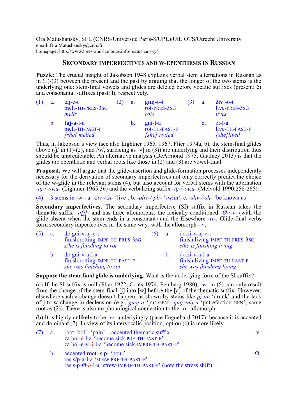 Secondary Imperfectives and W-Epenthesis in Russian