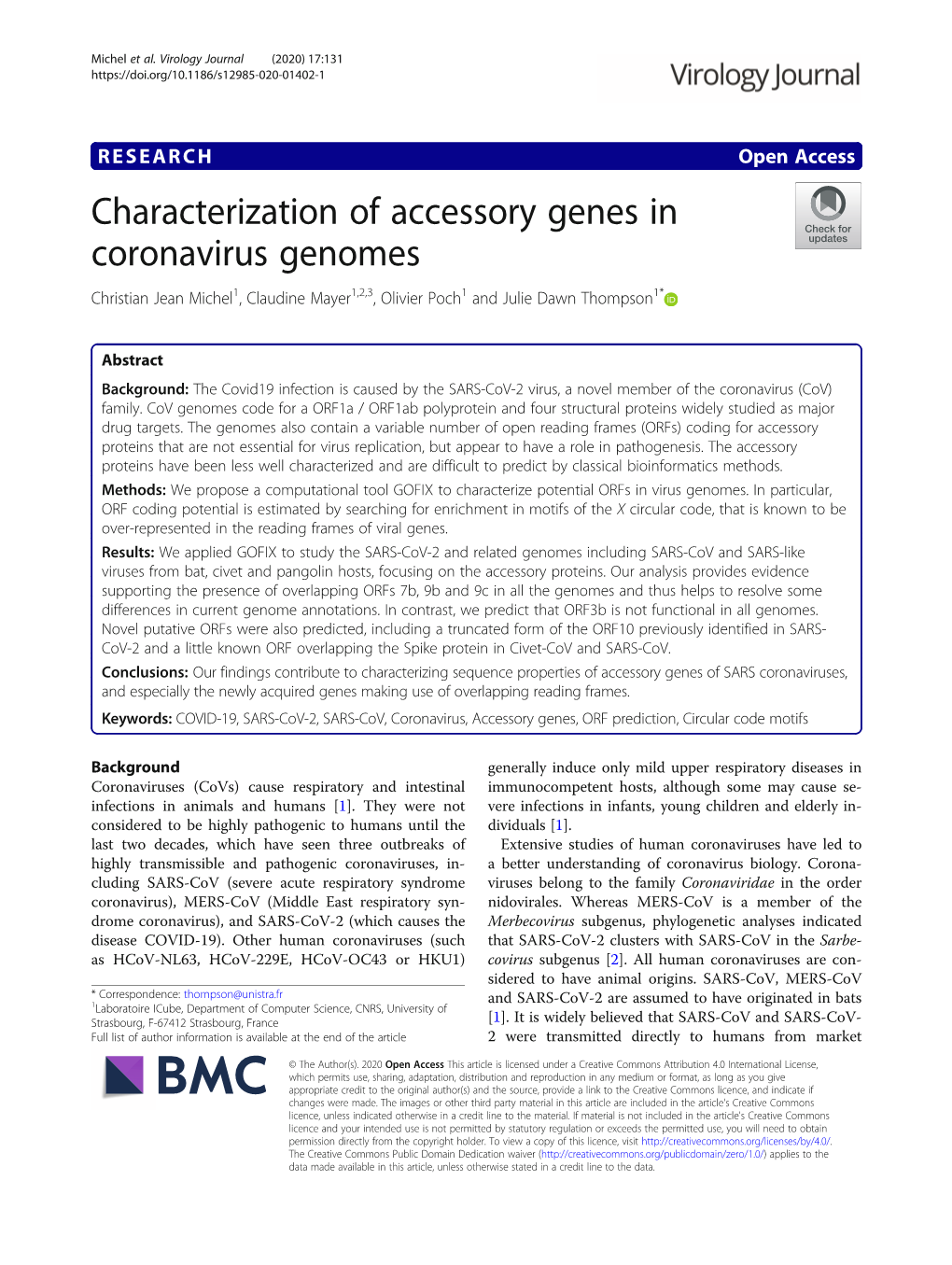 Characterization of Accessory Genes in Coronavirus Genomes Christian Jean Michel1, Claudine Mayer1,2,3, Olivier Poch1 and Julie Dawn Thompson1*