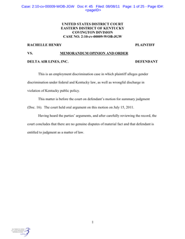 United States District Court Eastern District of Kentucky Covington Division Case No