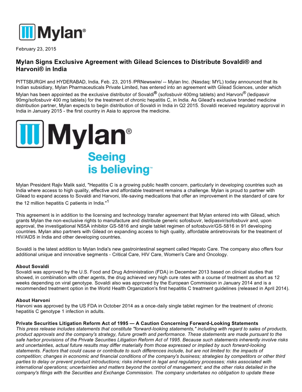 Mylan Signs Exclusive Agreement with Gilead Sciences to Distribute Sovaldi® and Harvoni® in India