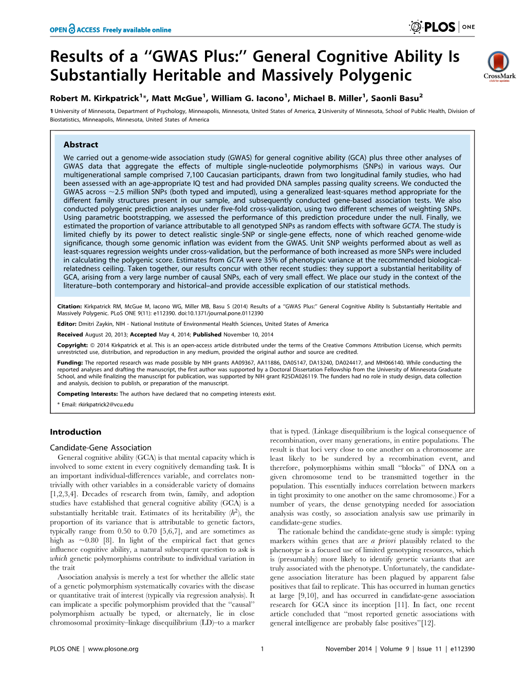 GWAS Plus:'' General Cognitive Ability Is Substantially Heritable And