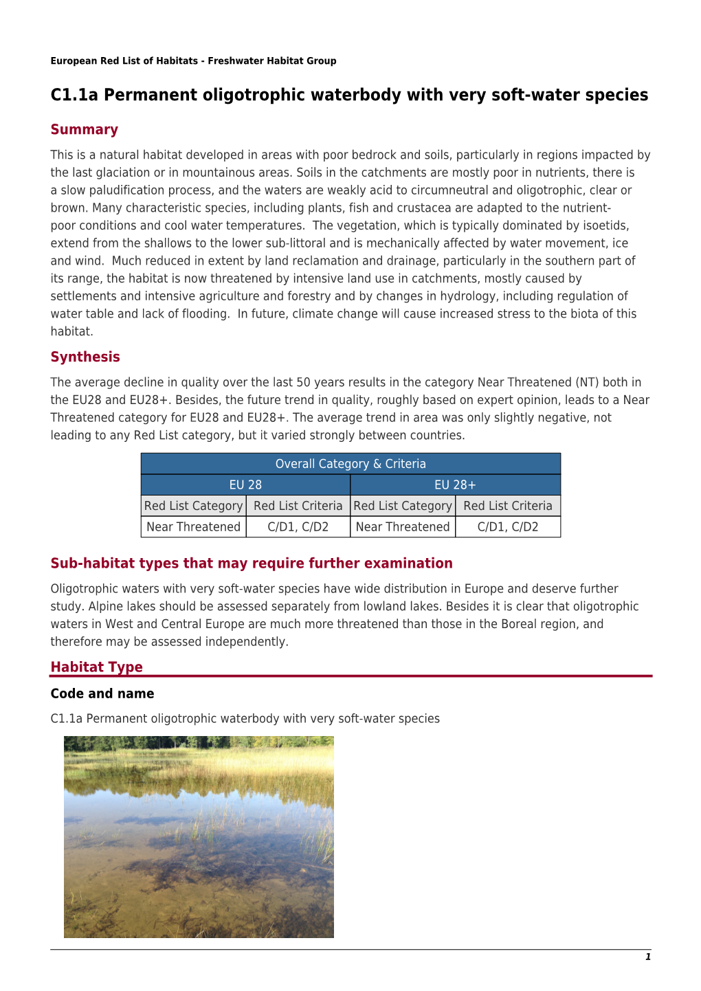 C1.1A Permanent Oligotrophic Waterbody with Very Soft-Water Species