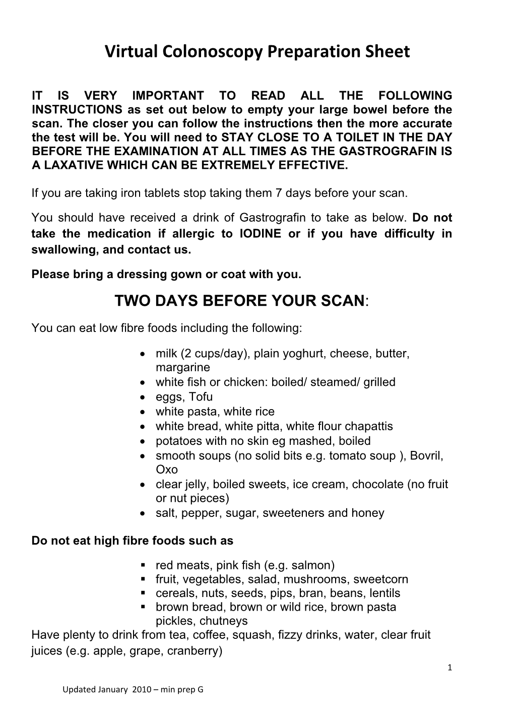 Virtual Colonoscopy Bowel Preparation Sheet