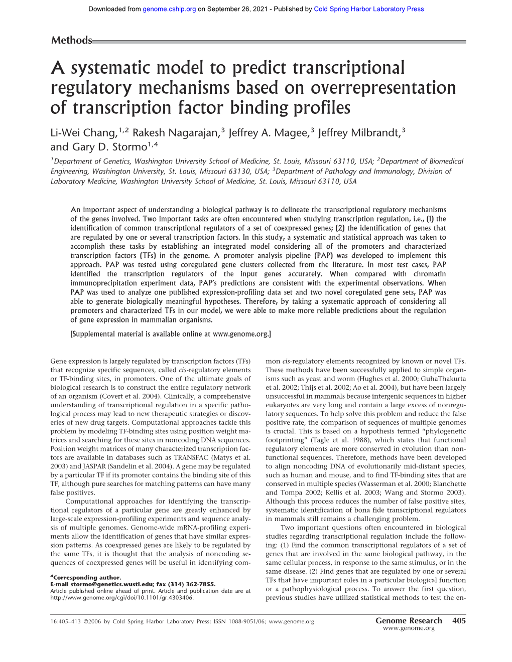 A Systematic Model to Predict Transcriptional Regulatory Mechanisms Based on Overrepresentation of Transcription Factor Binding Profiles