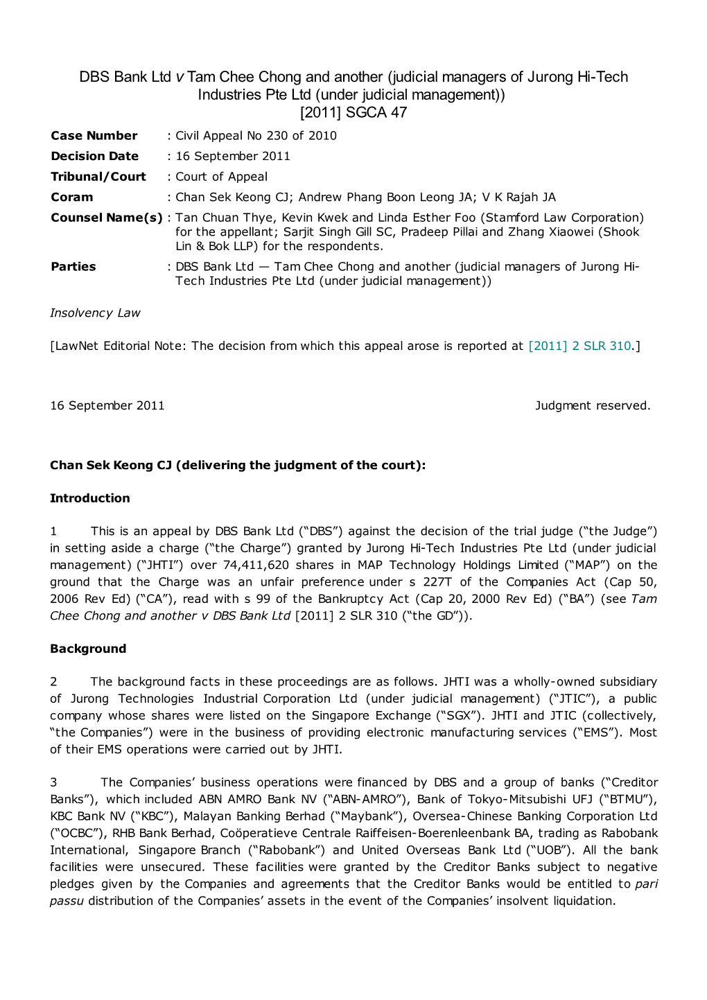 DBS Bank Ltd V Tam Chee Chong and Another