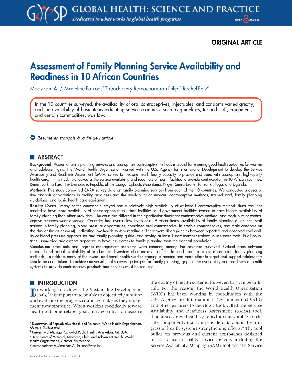 Assessment of Family Planning Service Availability and Readiness in 10 African Countries Moazzam Ali,A Madeline Farron,B Thandassery Ramachandran Dilip,C Rachel Folza