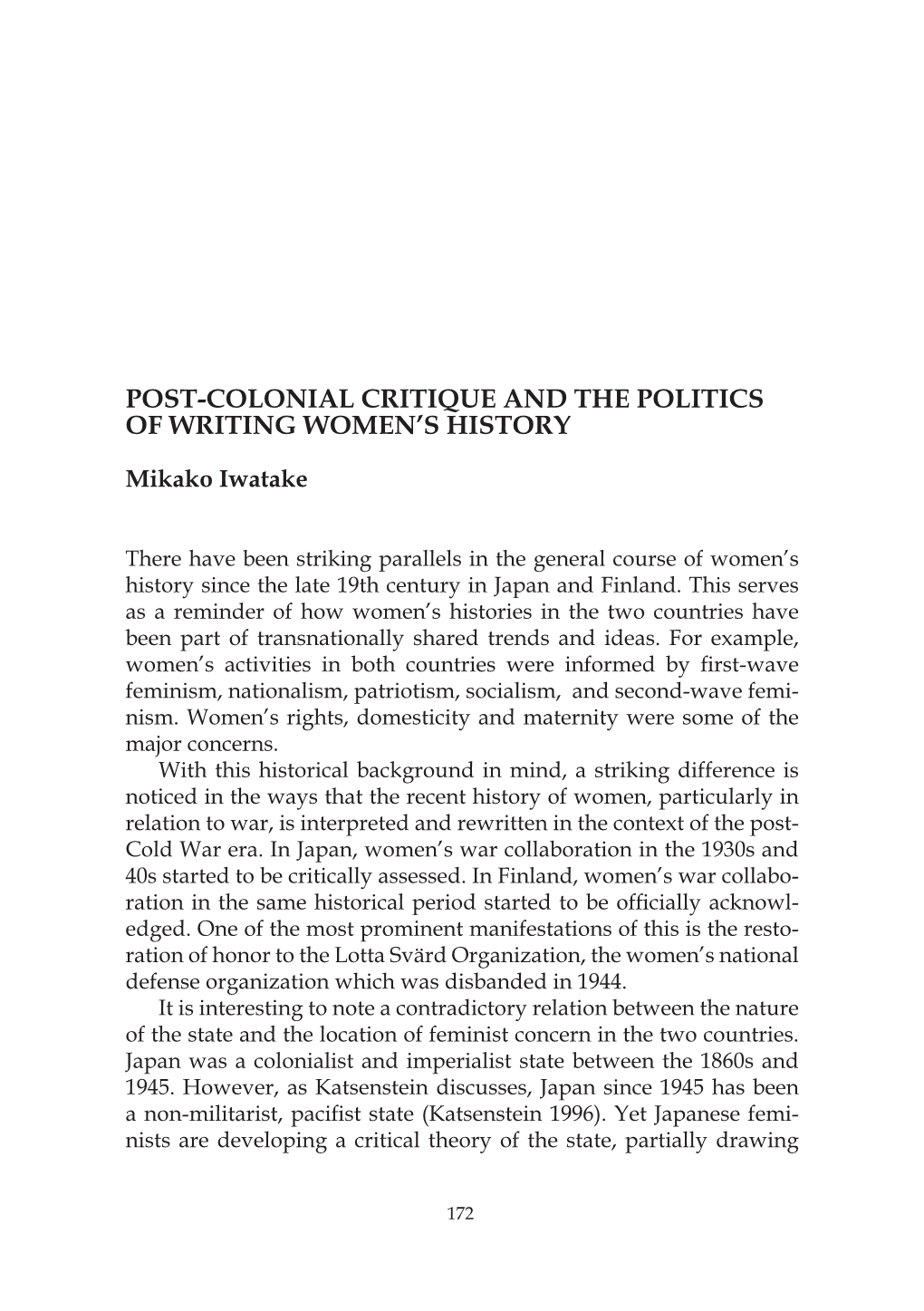 Post-Colonial Critique and the Politics of Writing Women’S History