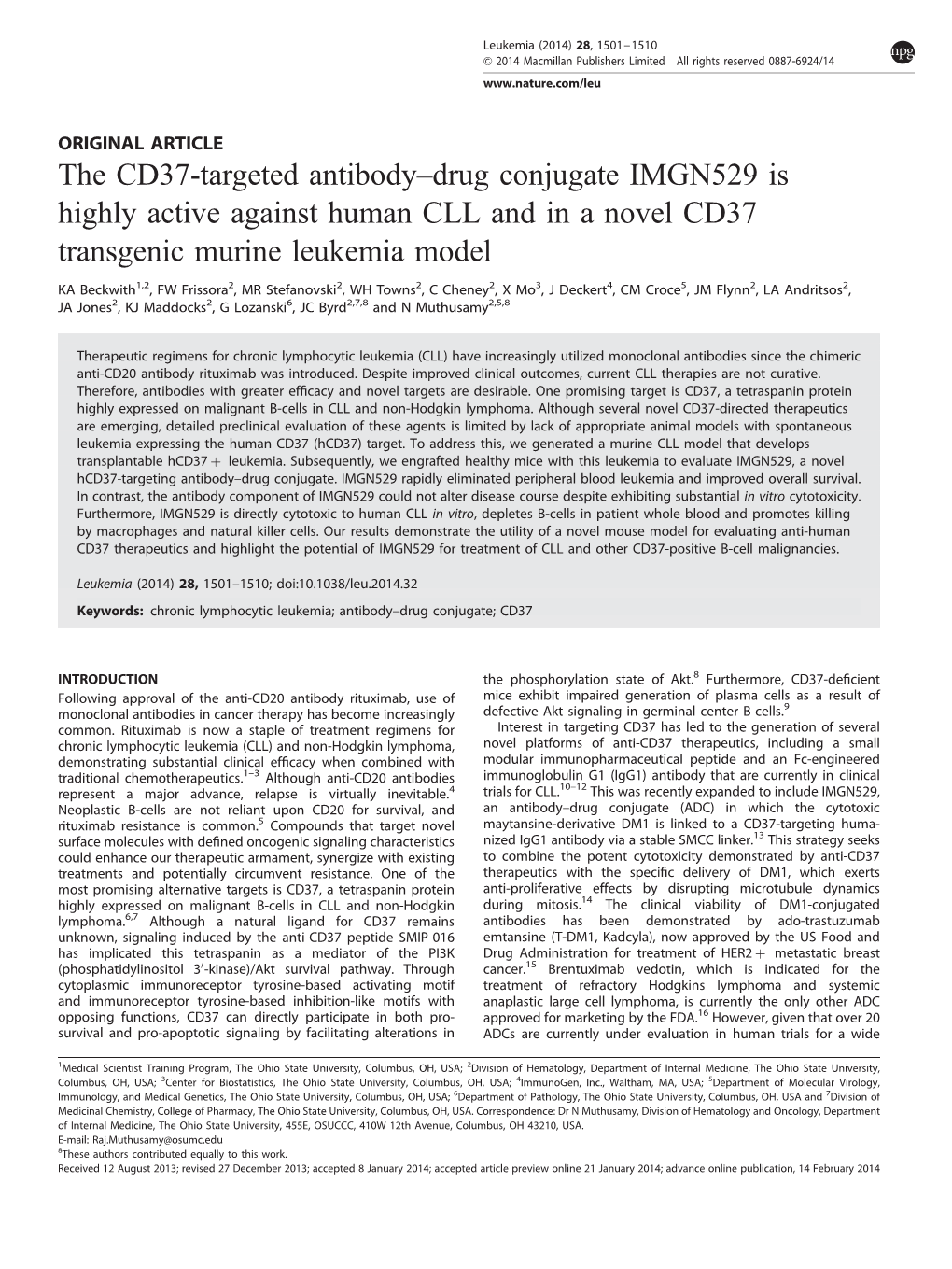 The CD37-Targeted Antibody–Drug Conjugate IMGN529 Is Highly Active Against Human CLL and in a Novel CD37 Transgenic Murine Leukemia Model