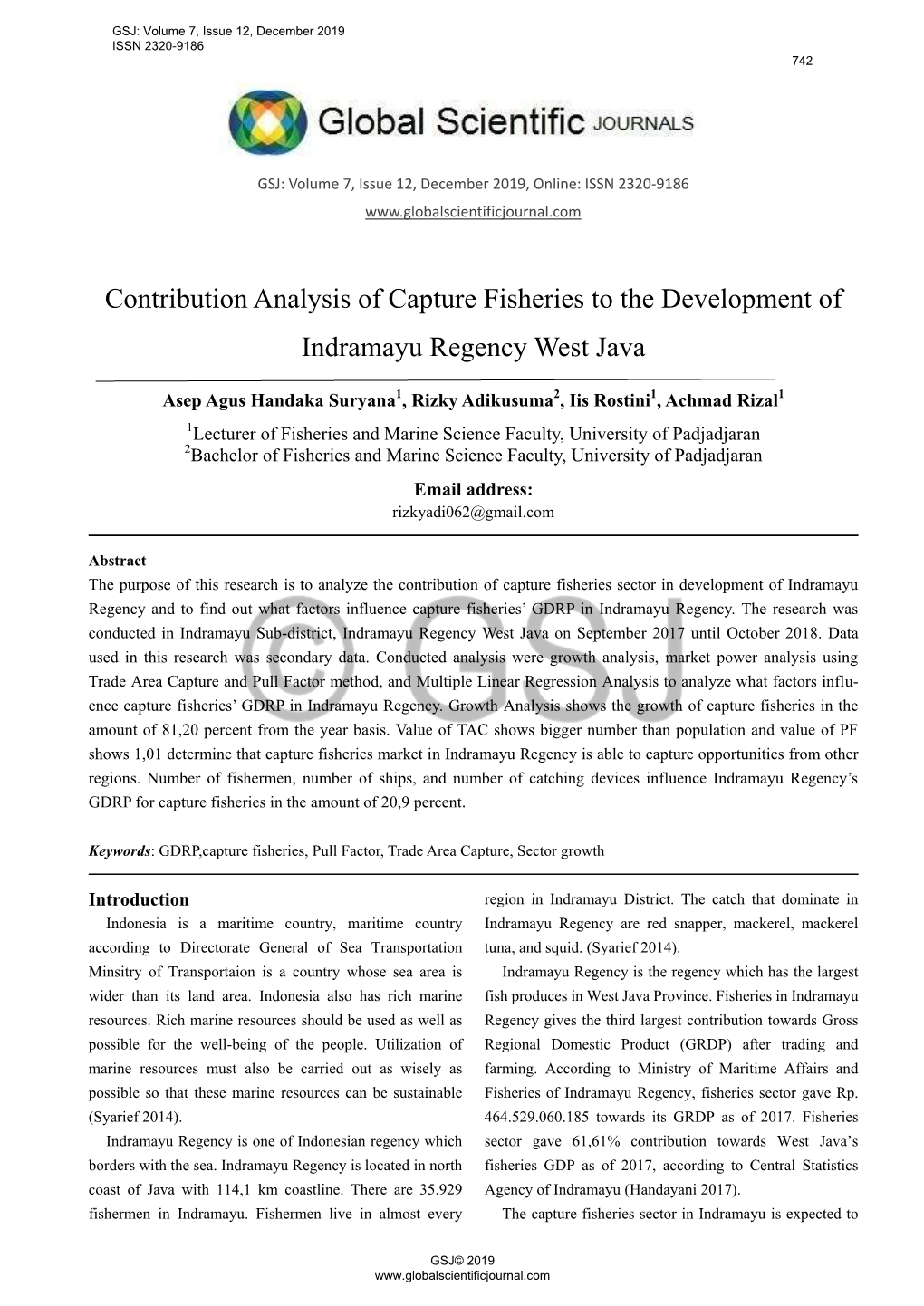 Contribution Analysis of Capture Fisheries to the Development of Indramayu Regency West Java