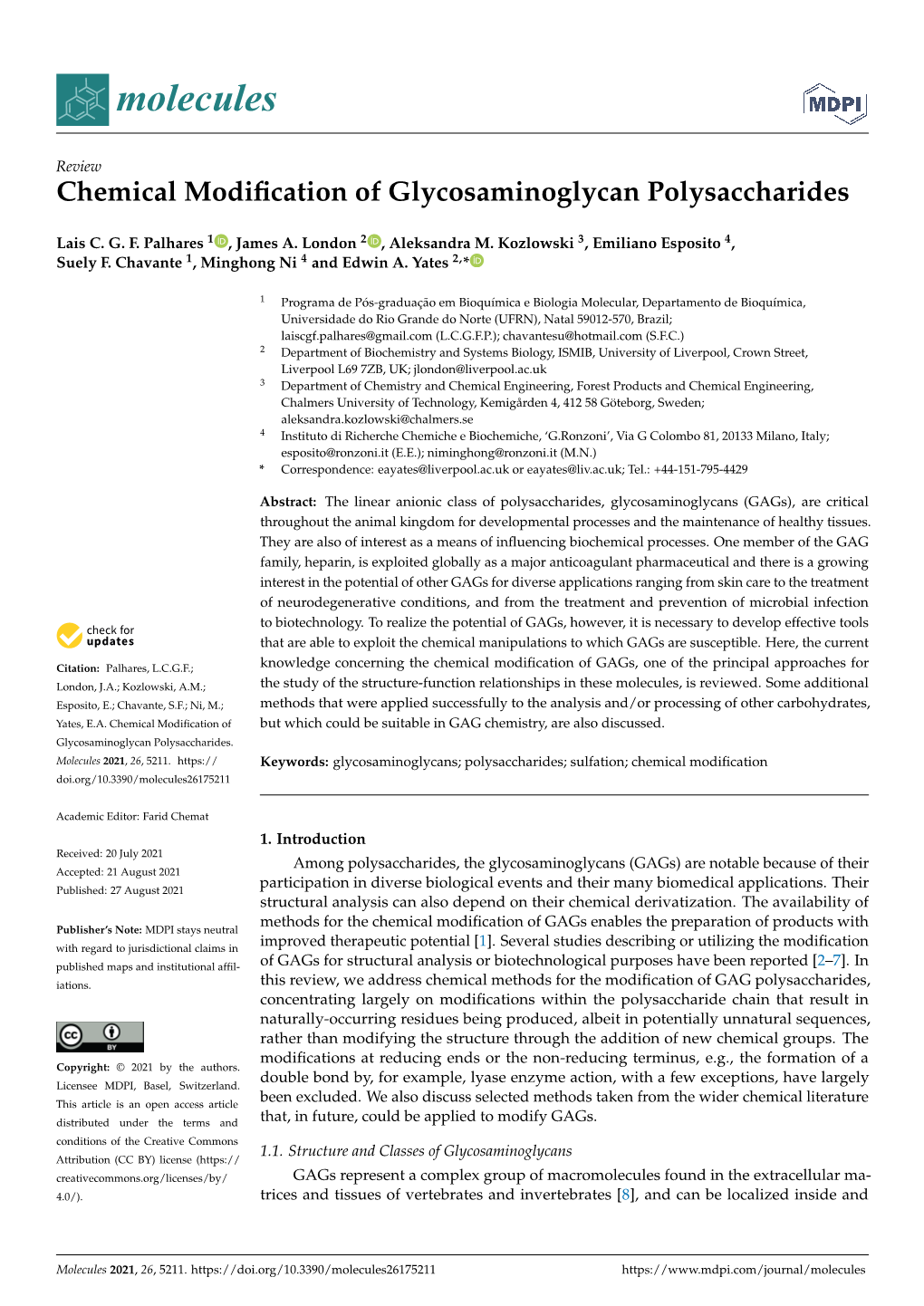 Chemical Modification of Glycosaminoglycan Polysaccharides