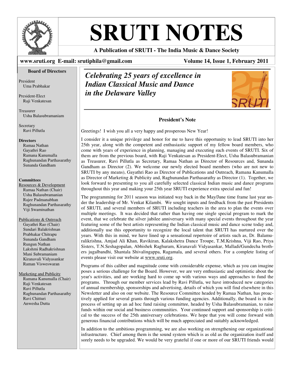 SRUTI NOTES a Publication of SRUTI - the India Music & Dance Society