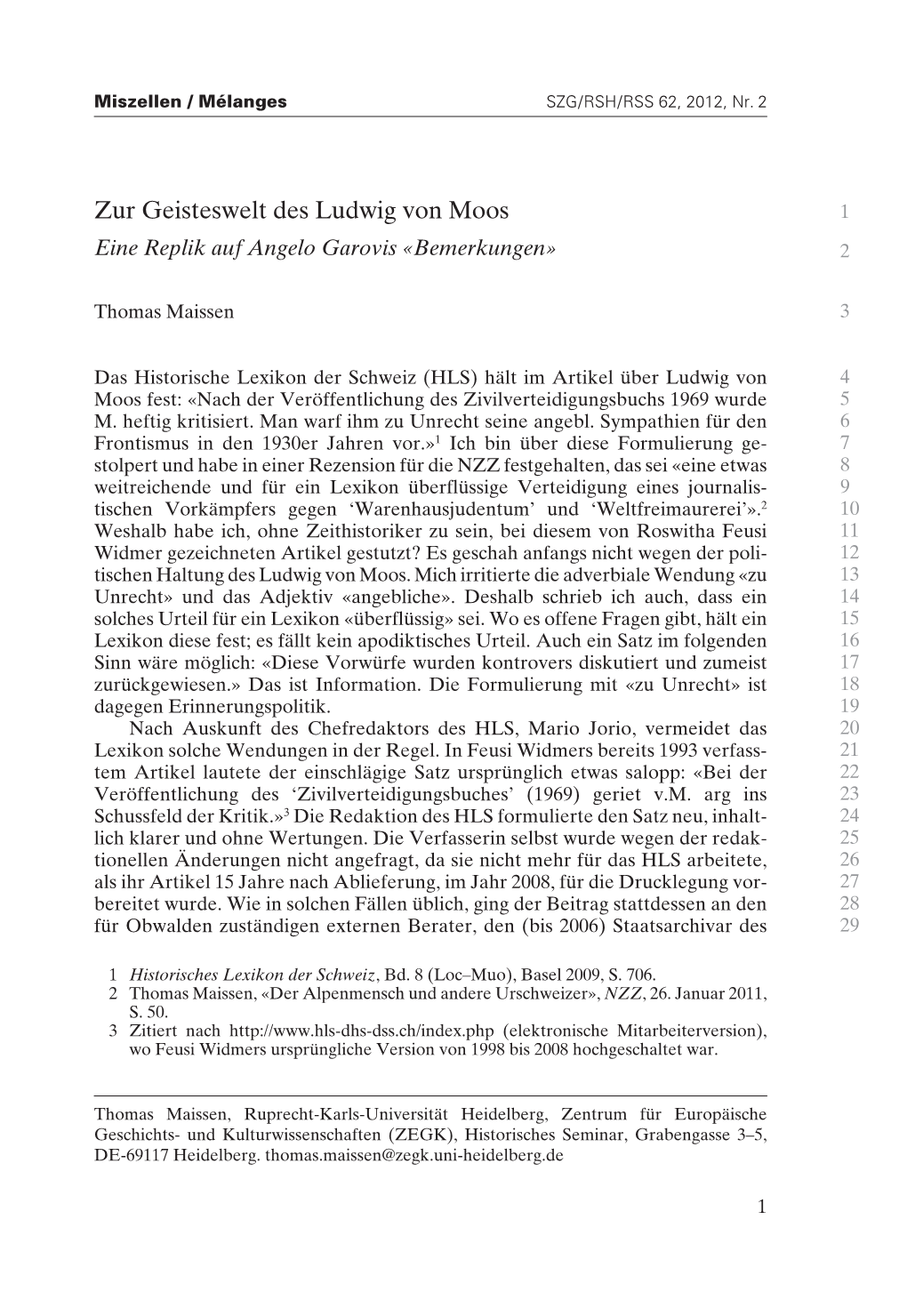 Zur Geisteswelt Des Ludwig Von Moos 1 Eine Replik Auf Angelo Garovis «Bemerkungen» 2