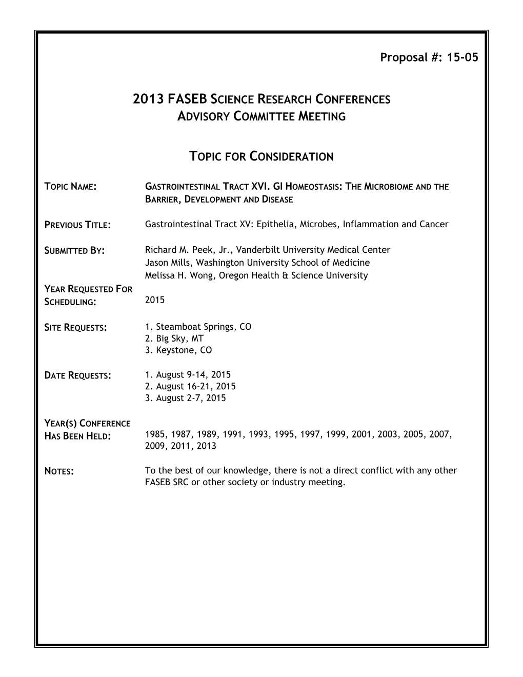 2013 Faseb Science Research Conferences Advisory Committee Meeting