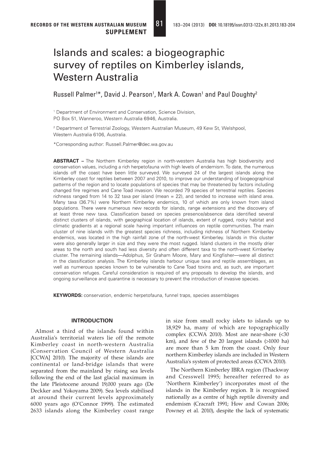 A Biogeographic Survey of Reptiles on Kimberley Islands, Western Australia