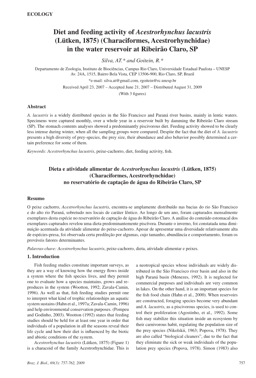 Diet and Feeding Activity of Acestrorhynchus Lacustris (Lütken, 1875) (Characiformes, Acestrorhynchidae) in the Water Reservoi