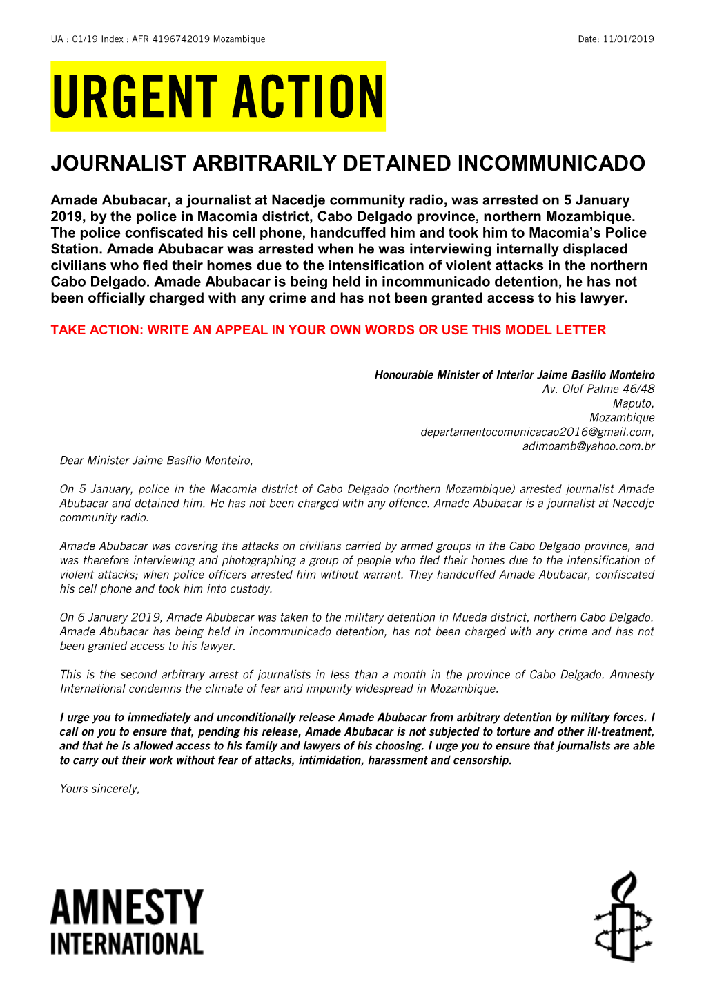 Journalist Arbitrarily Detained Incommunicado: Amade Abubacar