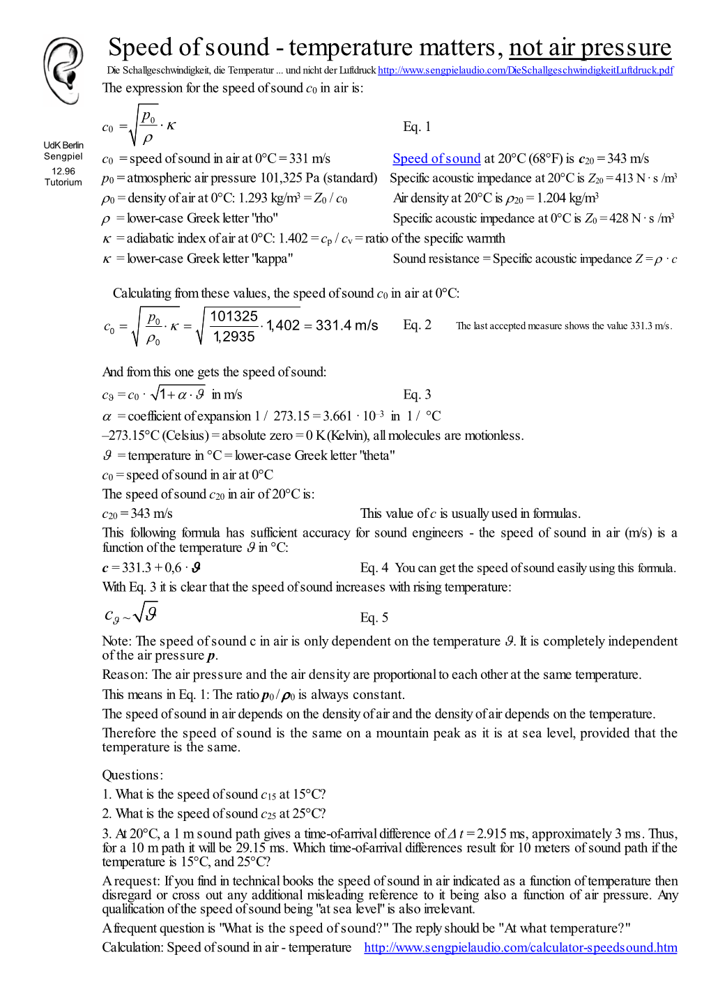 Speed of Sound - Temperature Matters, Not Air Pressure Die Schallgeschwindigkeit, Die Temperatur