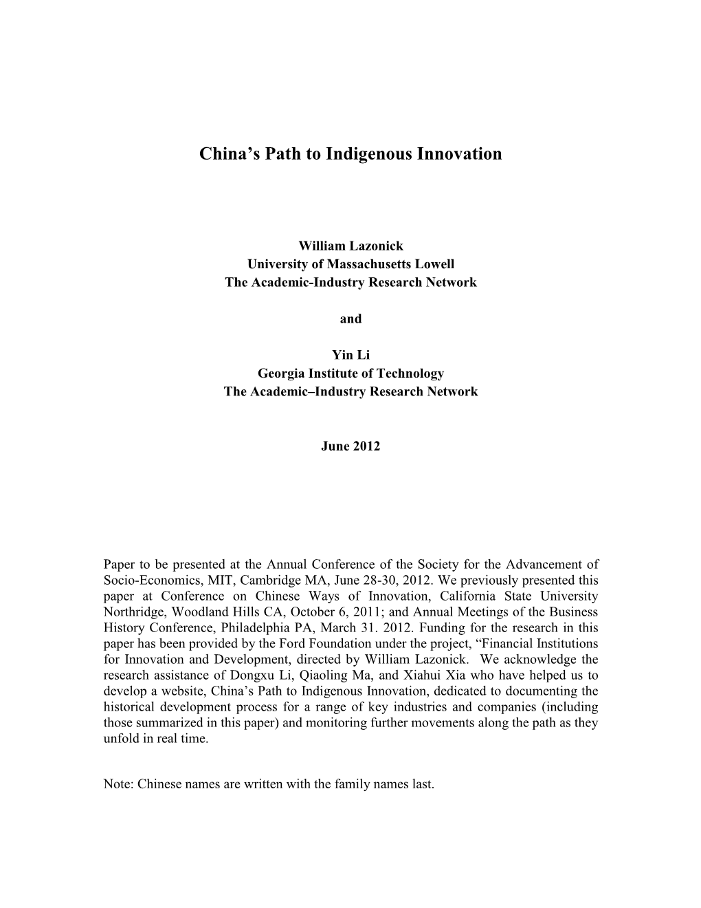 China's Path to Indigenous Innovation