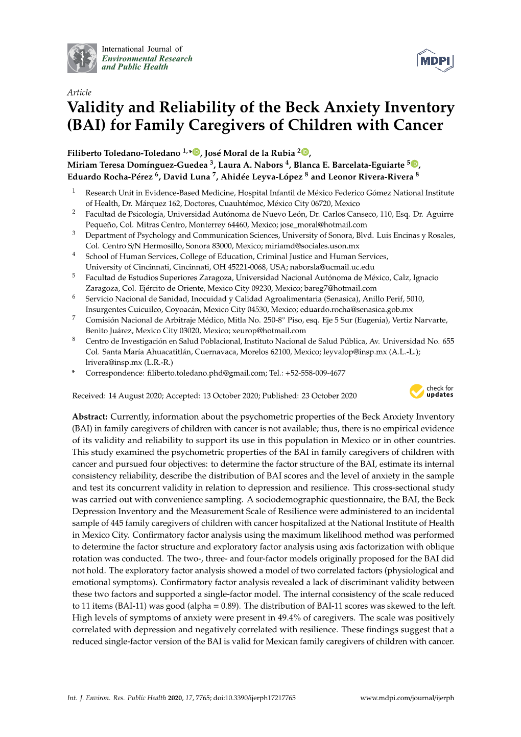 Validity and Reliability of the Beck Anxiety Inventory (BAI) for Family Caregivers of Children with Cancer