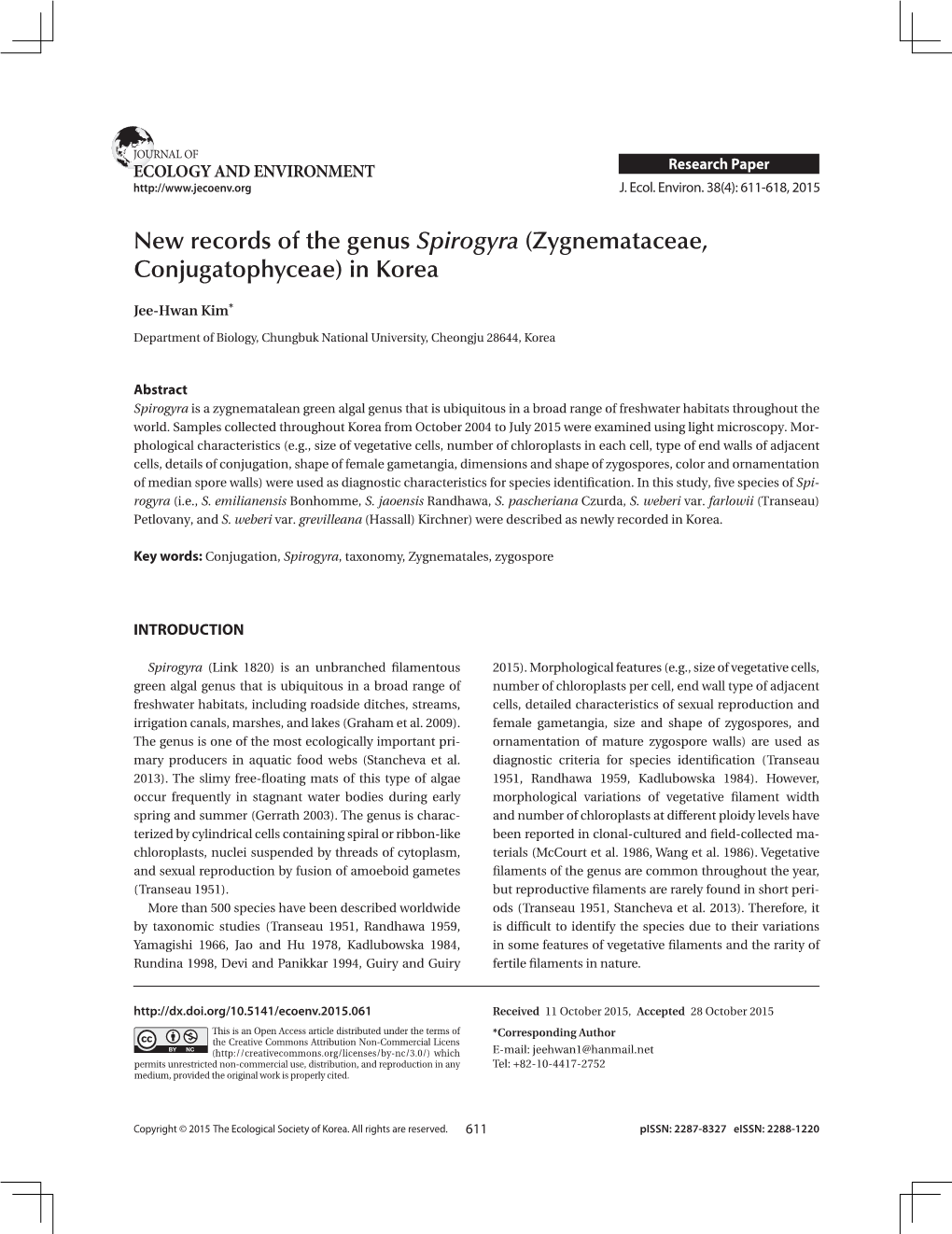 New Records of the Genus Spirogyra (Zygnemataceae, Conjugatophyceae) in Korea