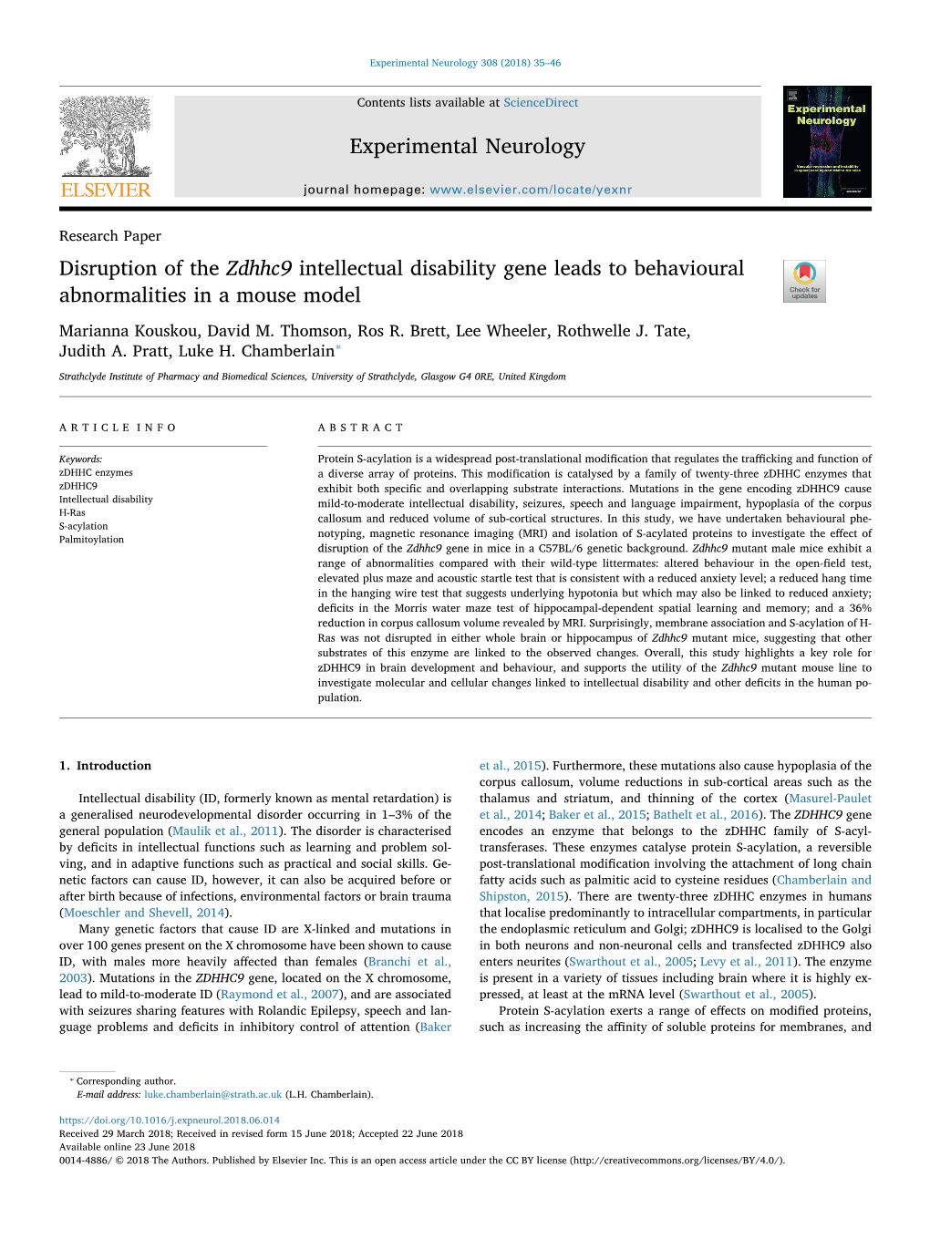 Disruption of the Zdhhc9 Intellectual Disability Gene Leads to Behavioural T Abnormalities in a Mouse Model