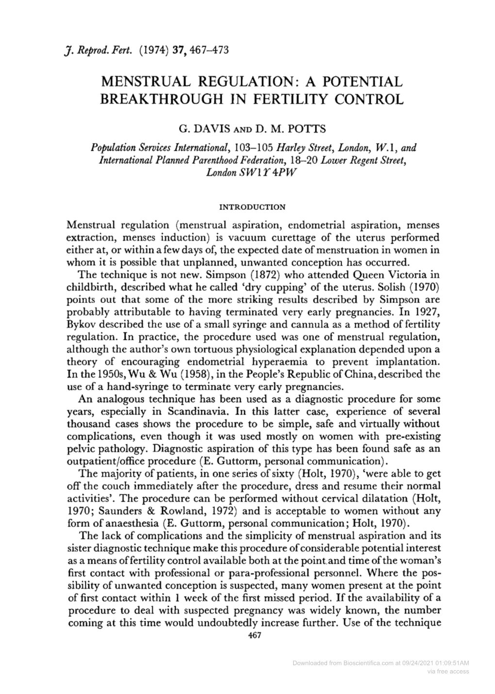 Menstrual Regulation: a Potential Breakthrough in Fertility Control