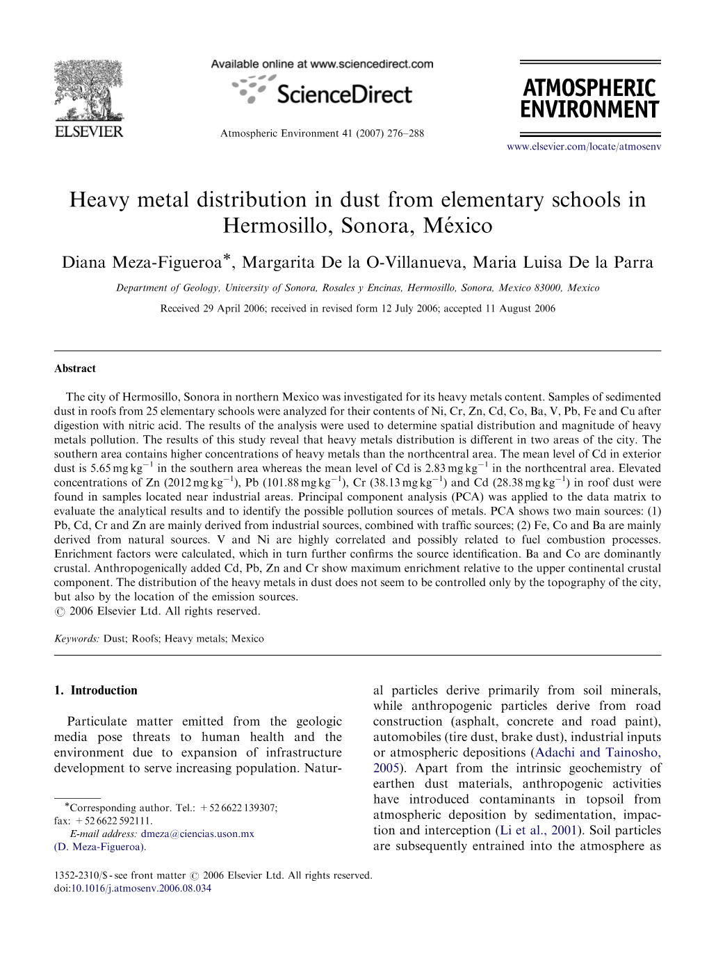 Heavy Metal Distribution in Dust from Elementary Schools in Hermosillo, Sonora, Me´Xico