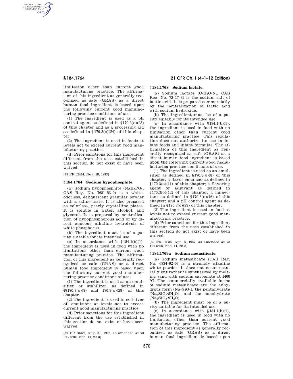 21 CFR Ch. I (4–1–12 Edition) § 184.1764