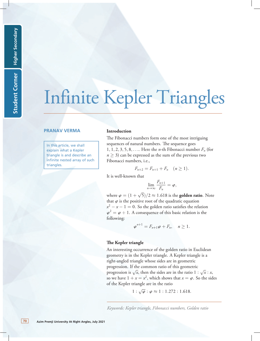 Infinite Kepler Triangles Student Corner