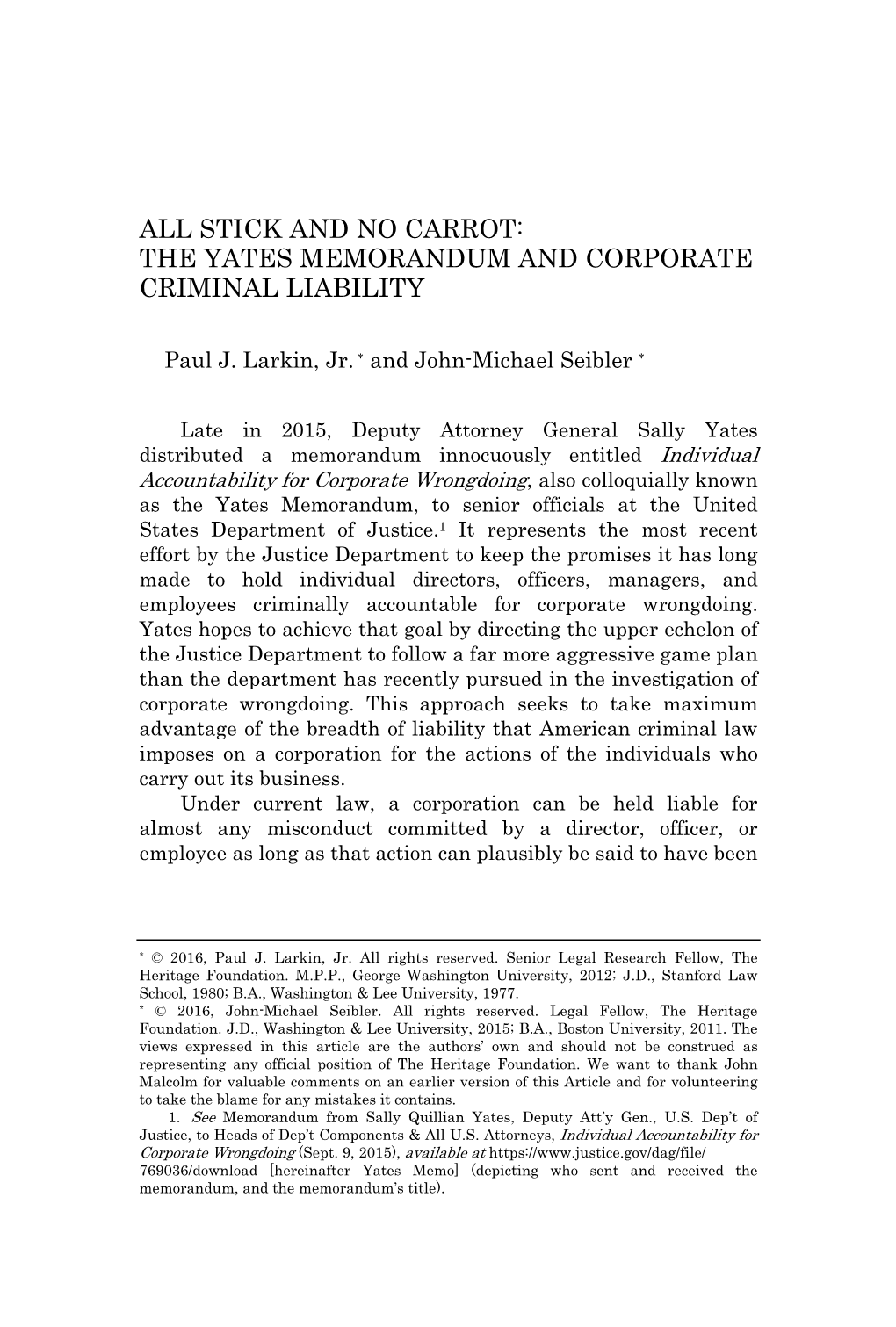 The Yates Memorandum and Corporate Criminal Liability