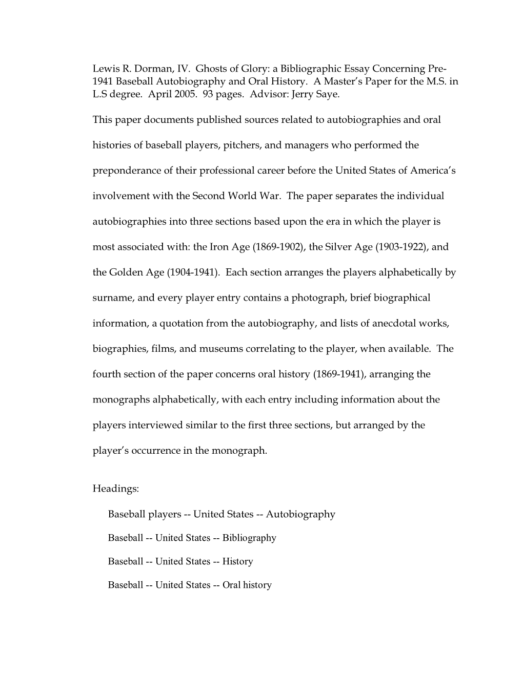 Lewis R. Dorman, IV. Ghosts of Glory: a Bibliographic Essay Concerning Pre- 1941 Baseball Autobiography and Oral History