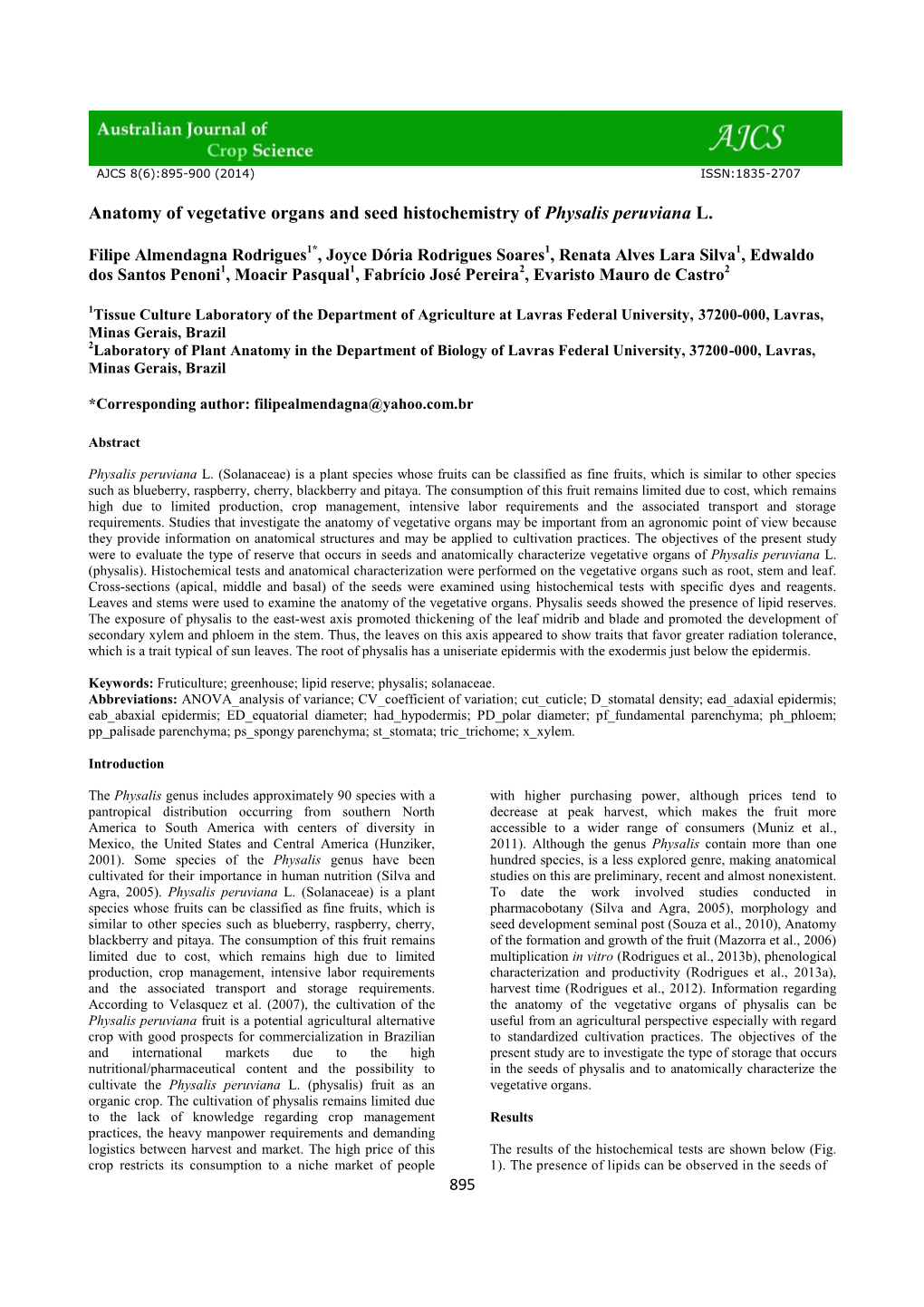 Anatomy of Vegetative Organs and Seed Histochemistry of Physalis Peruviana L