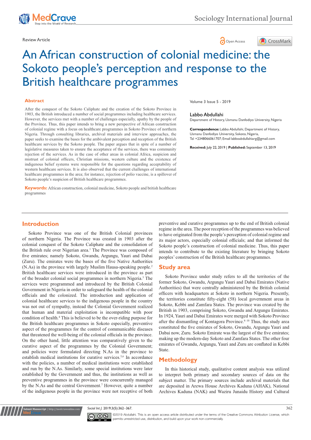 An African Construction of Colonial Medicine: the Sokoto People’S Perception and Response to the British Healthcare Programmes