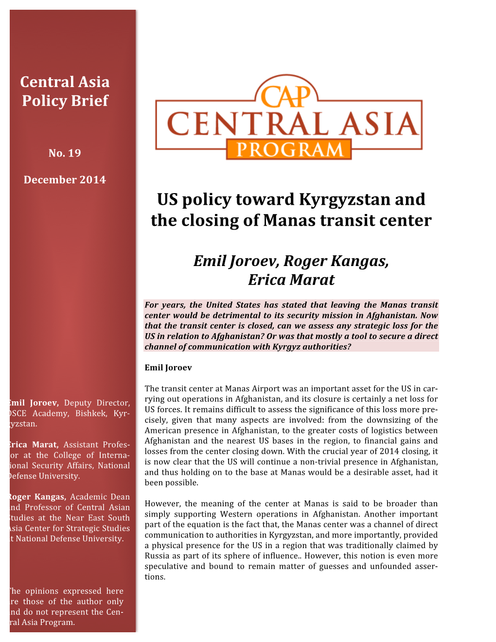 US Policy Toward Kyrgyzstan and the Closing of Manas Transit Center