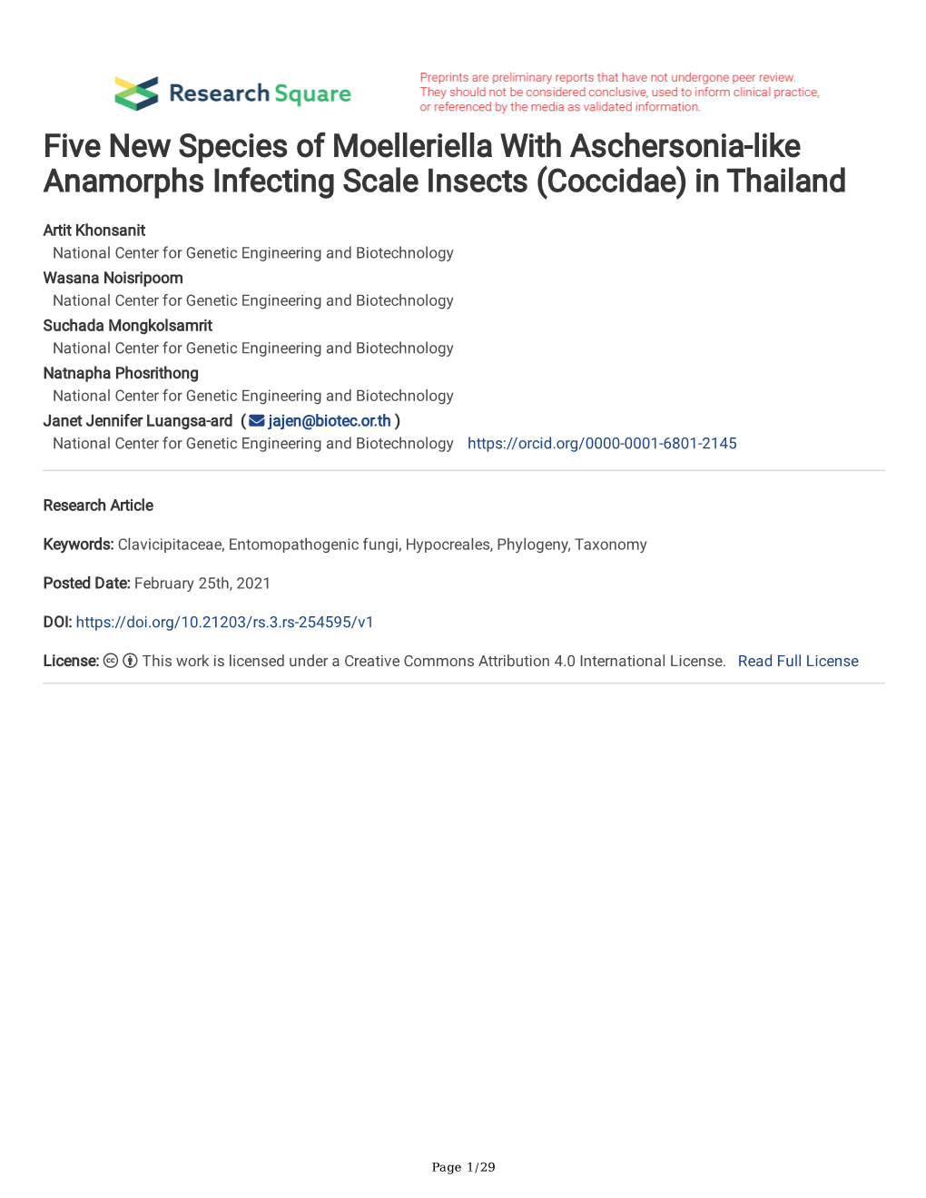 Five New Species of Moelleriella with Aschersonia-Like Anamorphs Infecting Scale Insects (Coccidae) in Thailand